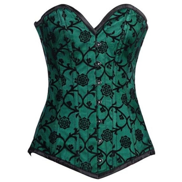 Corsetdeal Tops - Green w/Black Velvet Floral Longline Corset sz 28